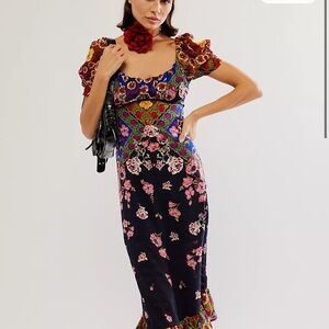 Free People Busy Dreaming Multicolored Maxi Sundress Puff Sleeve